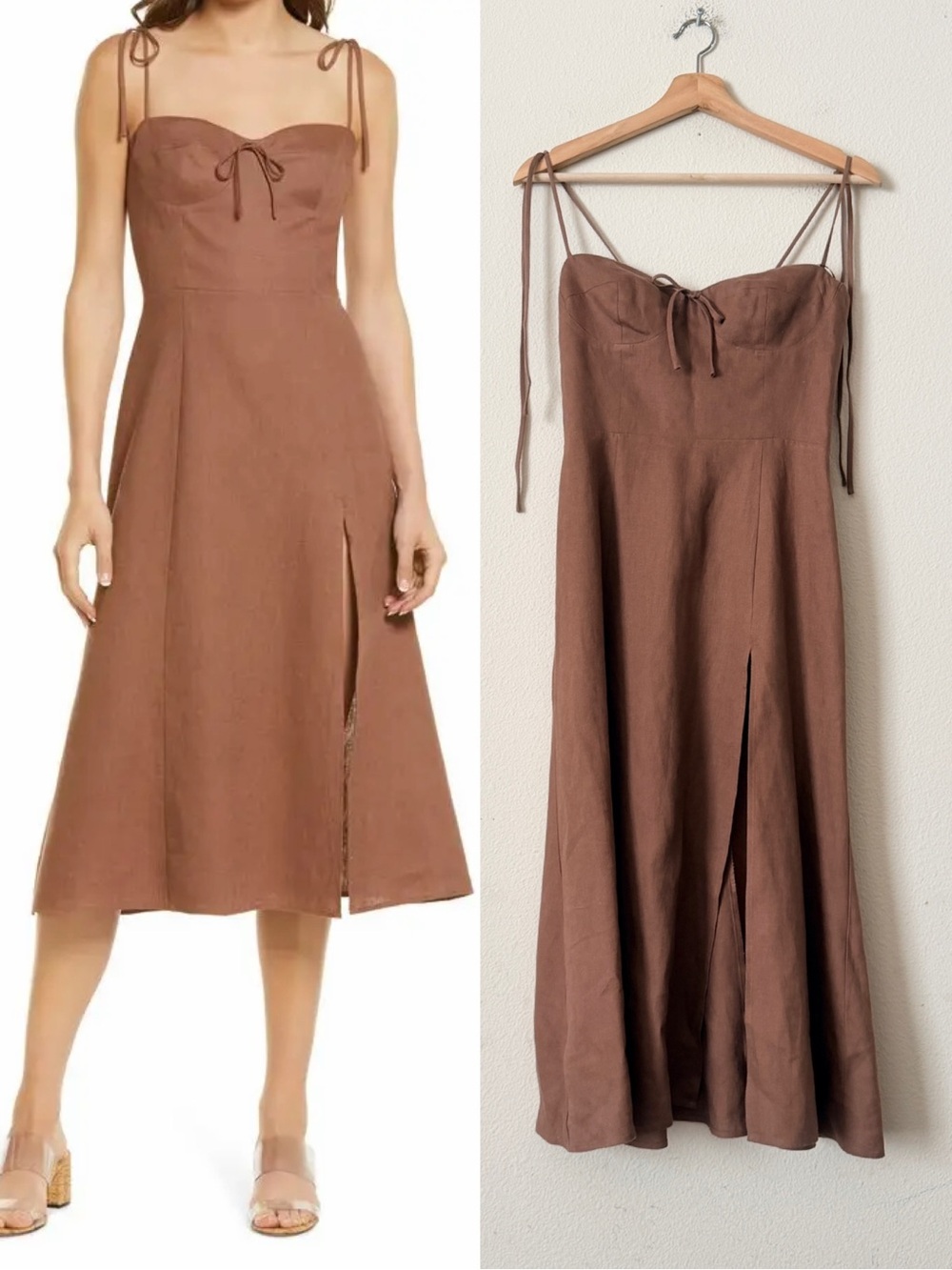 Reformation SIZE 2 Joyce 100% linen sleeveless slit hem midi dress in Rye brown